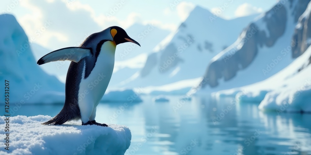 Fototapeta premium A majestic king penguin stands proudly on a snow-covered iceberg, wings slightly spread, against a backdrop of serene icy mountains and tranquil ocean waters.