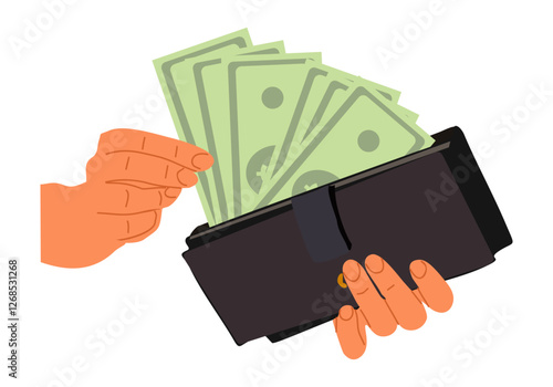 Hand taking cash money from wallet. Holding purse, paying with dollar currency bank notes, finance bills, banknotes. Financial concept. Flat vector illustration isolated on transparent background.