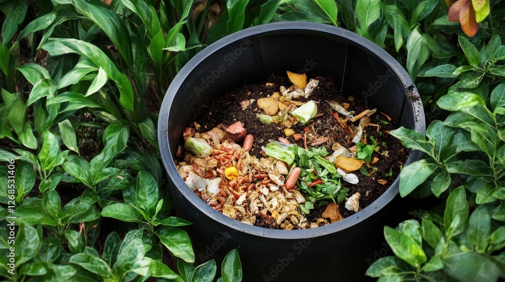 Compost Bin Filled with Organic Waste Surrounded by Lush Green Plants in a Garden Setting Compost Bin Filled with Organic Waste Surrounded by Lush Green Plants in a Garden Setting