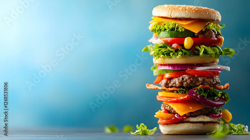 Tall Stacked Cheeseburger on Blue Background
