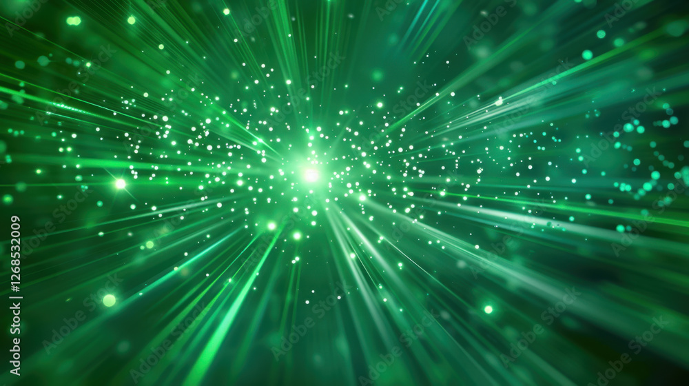 Bright green light beams radiate outward, creating dynamic and energetic atmosphere filled with sparkling particles. This vibrant visual evokes sense of movement and excitement