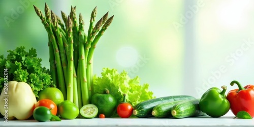 A vibrant assortment of fresh green vegetables and red tomatoes, including asparagus, lettuce, limes, cucumbers, and bell peppers, arranged on a white surface against a soft green background.
