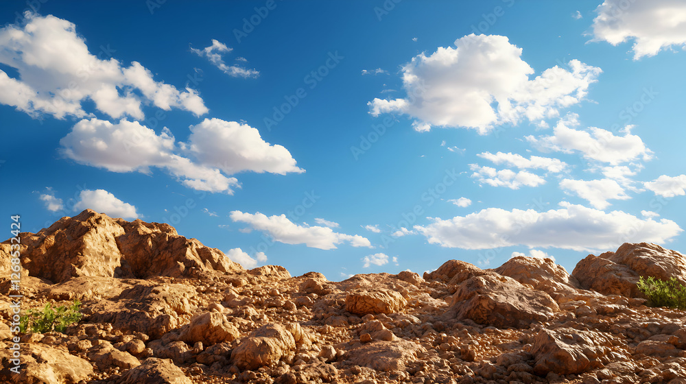 Obraz premium Tan Rocky Desert Landscape Under Blue Sky with Fluffy Clouds