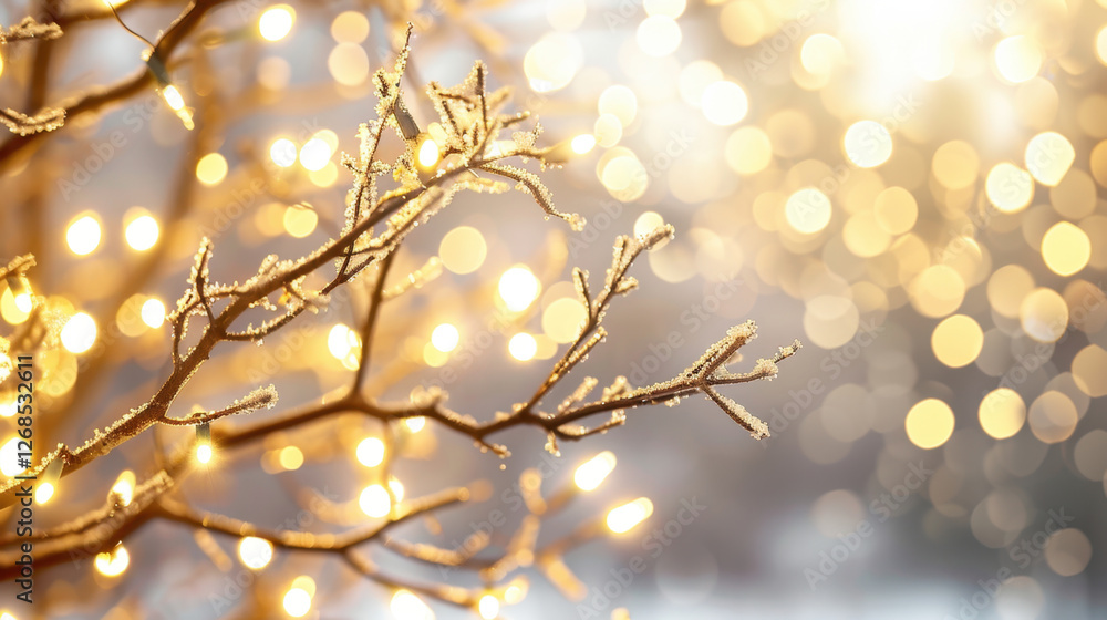 Fototapeta premium Frosted branches adorned with glowing lights create magical winter atmosphere, evoking warmth and joy during holiday season