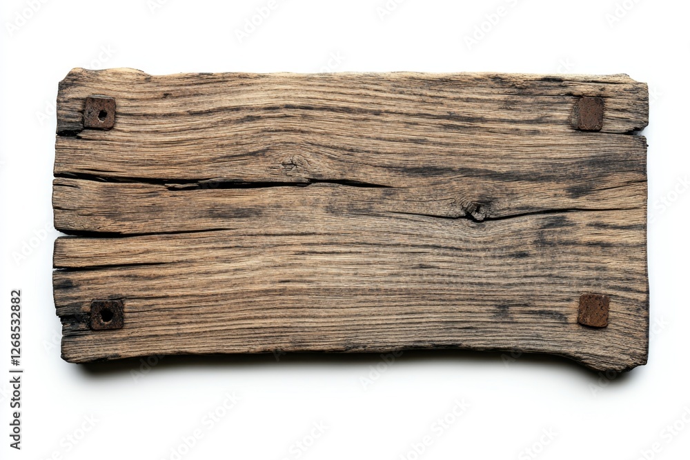 Rustic wooden signboard, studio shot, blank, weathered, background white, design element Rustic wooden signboard, studio shot, blank, weathered, background white, design element