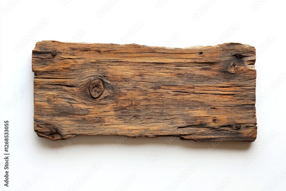 Rustic weathered wood plank sign, isolated, background white, design element Rustic weathered wood plank sign, isolated, background white, design element