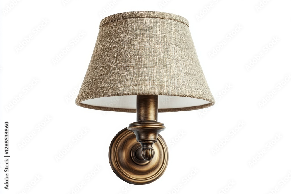 Bronze wall lamp, linen shade, white background, interior design Bronze wall lamp, linen shade, white background, interior design