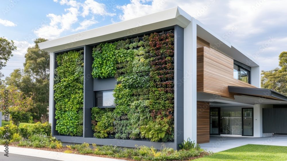 Modern Sustainable Home with Vertical Garden and Lush Greenery on Exterior Facade Modern Sustainable Home with Vertical Garden and Lush Greenery on Exterior Facade