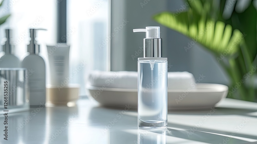 Clear bottle of makeup remover with a pump dispenser on a bathroom counter Clear bottle of makeup remover with a pump dispenser on a bathroom counter