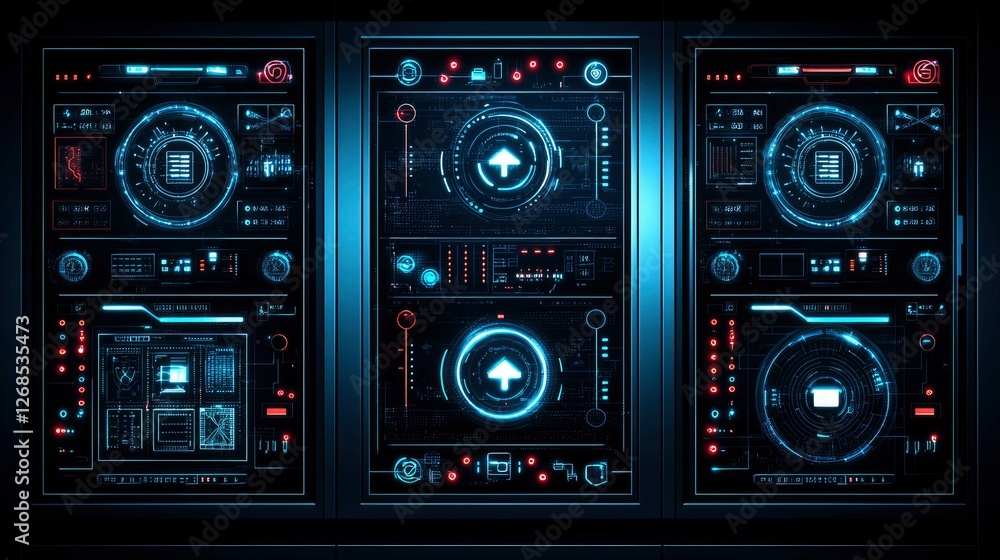 Fototapeta premium Futuristic User Interface Triple Monitor Control Panel with Uploading Data