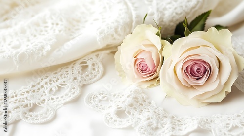 Delicate roses rest on elegant white lace fabric