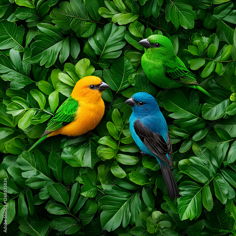 Obraz premium Three Colorful Birds Perched on Lush Green Foliage