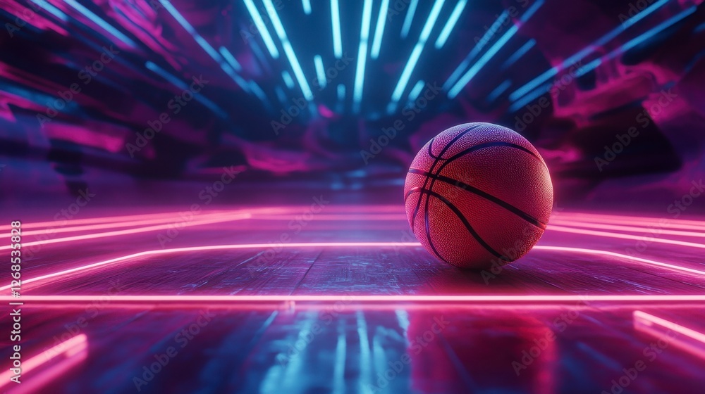 A dynamic basketball court scene with glowing neon lines and a professional-grade basketball A dynamic basketball court scene with glowing neon lines and a professional-grade basketball