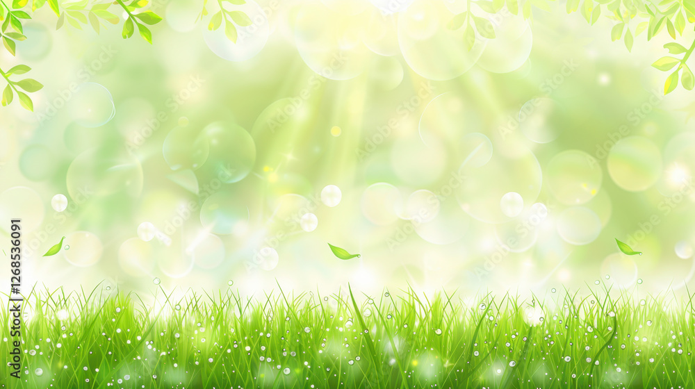 Bright and vibrant green grass with soft bokeh lights and sunlight filtering through leaves, creating serene and peaceful atmosphere Bright and vibrant green grass with soft bokeh lights and sunlight filtering through leaves, creating serene and peaceful atmosphere