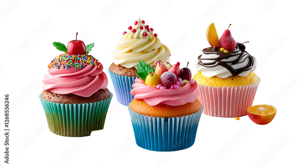 A set of colorful cupcakes with delicious frosting and sprinkles, sweet dessert collection for bakery and celebration themes A set of colorful cupcakes with delicious frosting and sprinkles, sweet dessert collection for bakery and celebration themes
