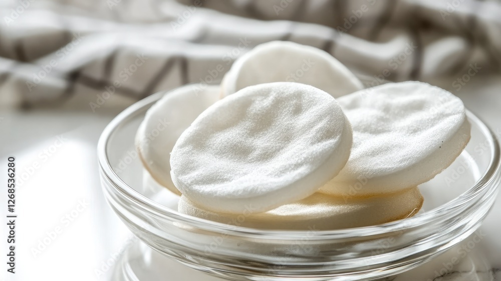 Cotton pads floating in a dish of eye makeup remover, showing absorption process Cotton pads floating in a dish of eye makeup remover, showing absorption process