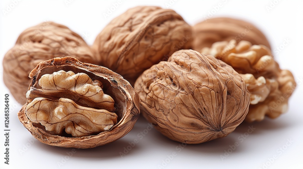 A close-up of walnuts, showcasing their shells and edible insides. A close-up of walnuts, showcasing their shells and edible insides.