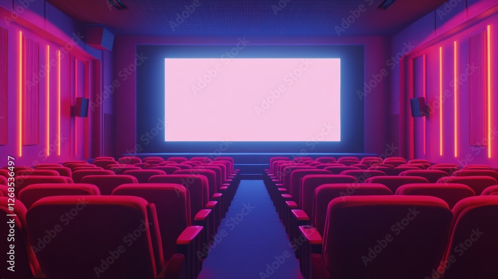 Obraz premium Cozy cinema interior with empty red seats and vibrant screen in evening atmosphere. Generative AI
