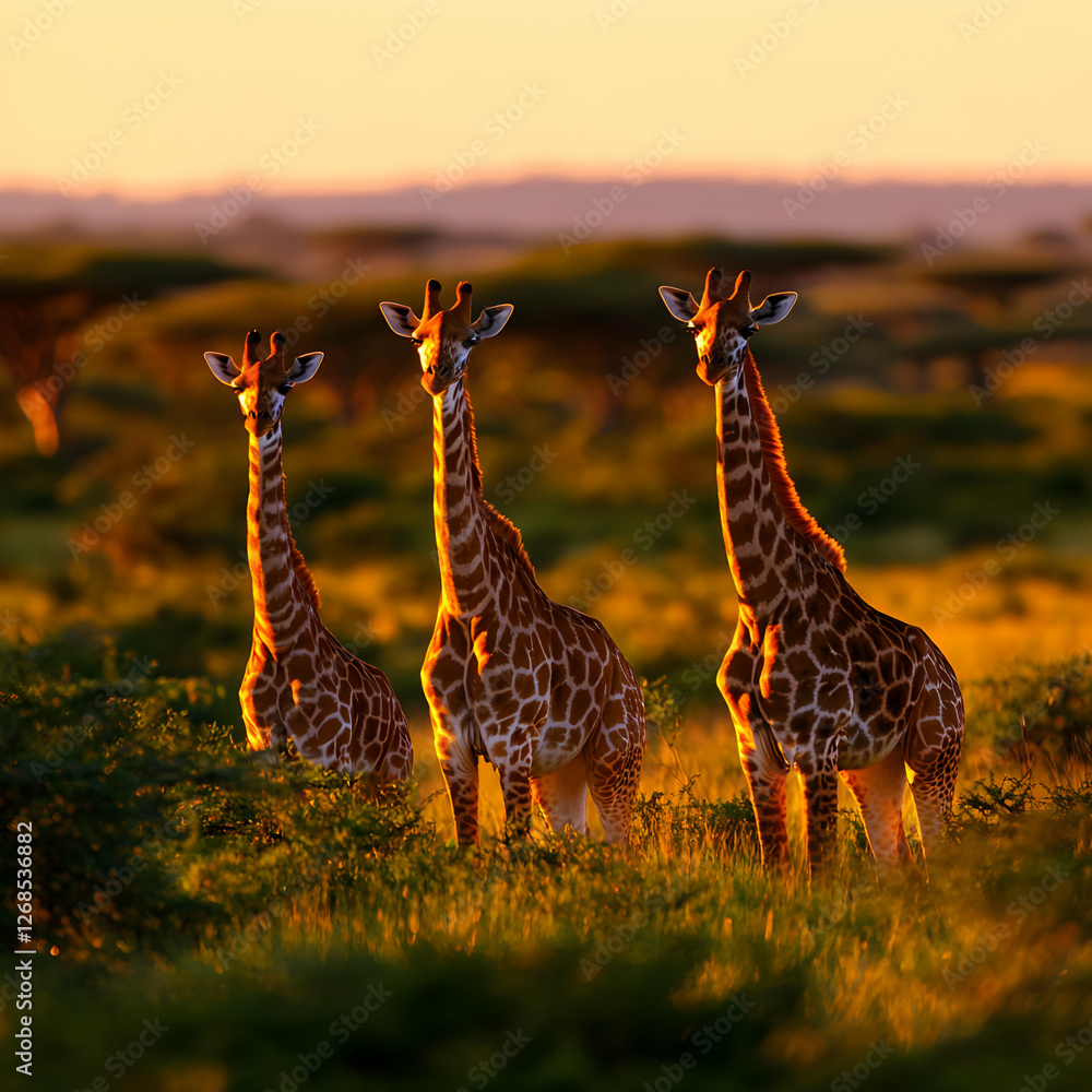Three Giraffes at Sunset in African Savanna