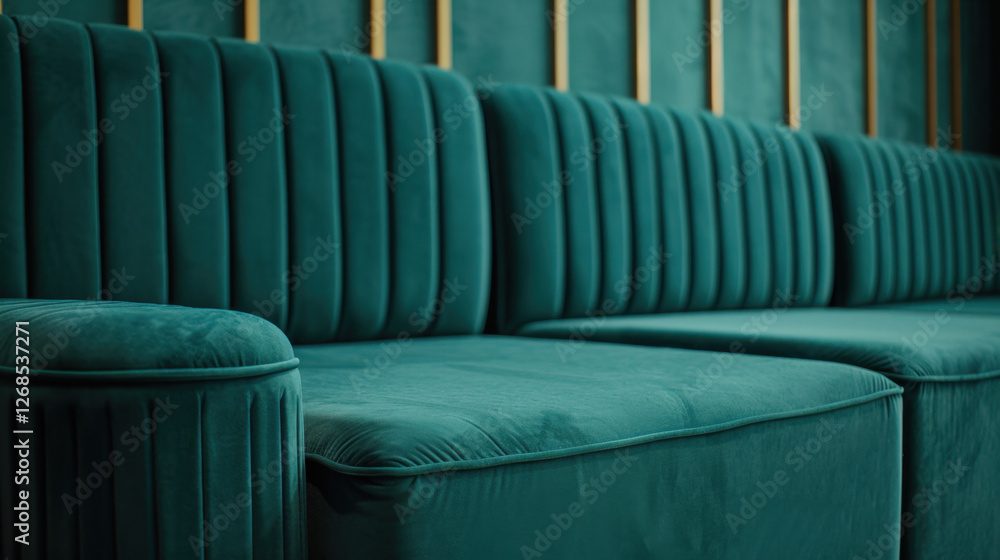 Obraz premium Luxurious teal velvet sofa with vertical stripes and plush cushions, perfect for modern interiors. rich color adds elegance and comfort to any living space