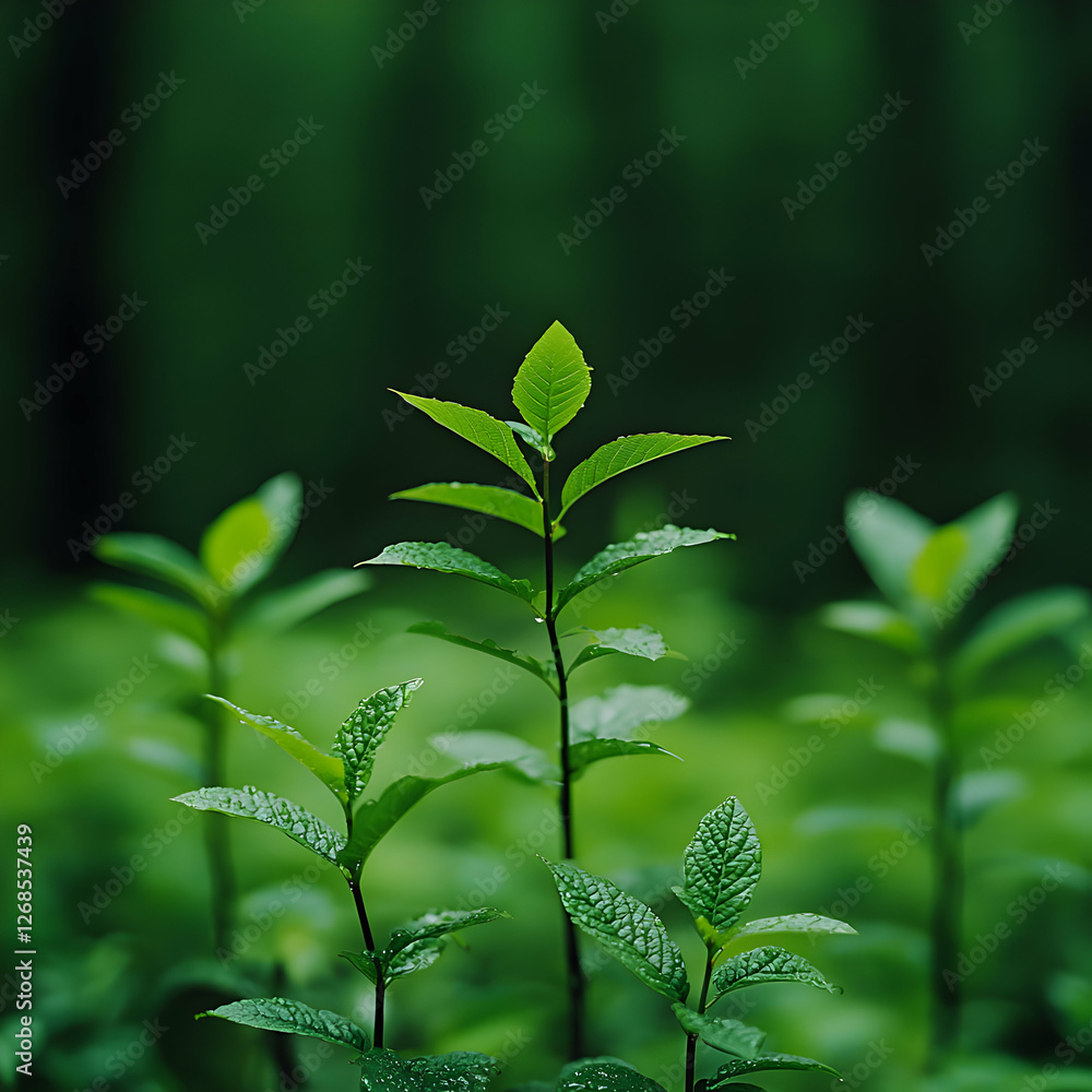 Obraz premium Three Green Plants with Dew Drops in Forest
