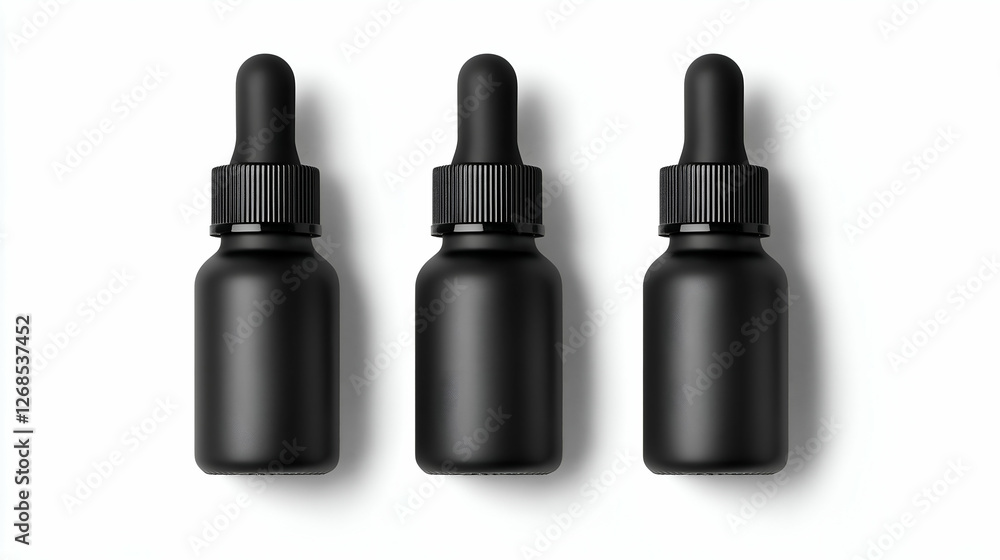 Obraz premium Three sleek black dropper bottles arranged in a row, ideal for essential oils or serums.