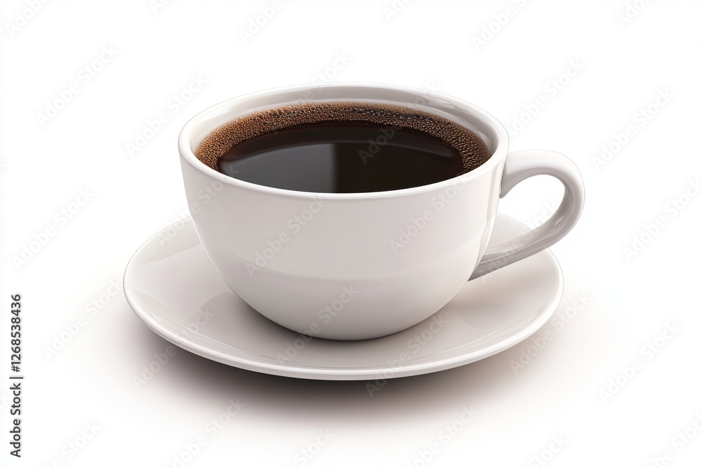 Studio-shot white coffee cup, saucer, black coffee, white background, breakfast