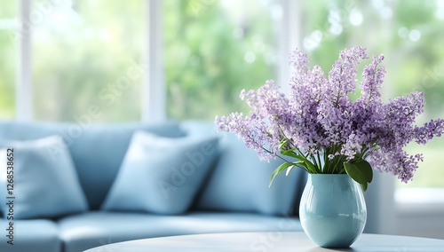 Wallpaper Mural Lilac flowers in a vase on a table against a blurred living room with a blue sofa and window Torontodigital.ca
