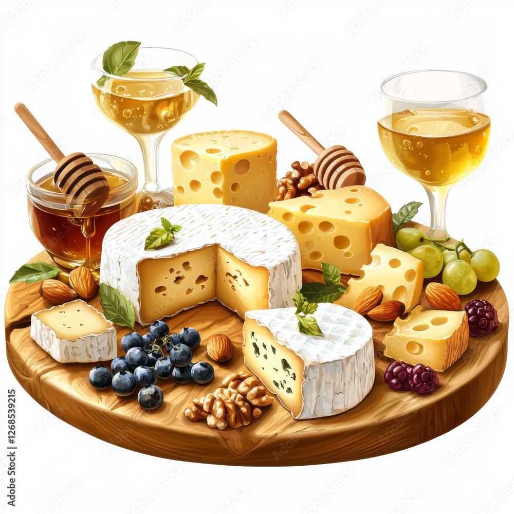 A Gourmet Cheese Board with Honey, Nuts, Grapes, and Delicate Wine Glasses Perfect for Elegant Gatherings and Celebrations A Gourmet Cheese Board with Honey, Nuts, Grapes, and Delicate Wine Glasses Perfect for Elegant Gatherings and Celebrations