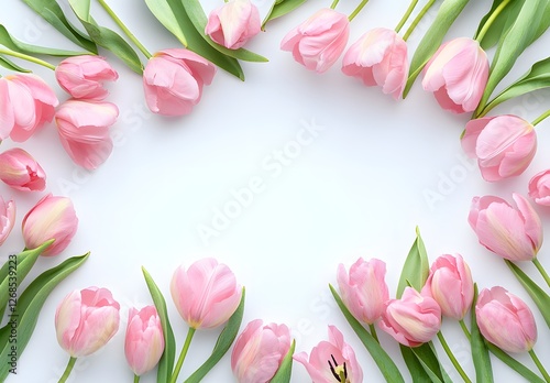 Wallpaper Mural Pink tulips border a white background with copy space for text, top view.  Spring flowers frame a banner for a Happy Mother's Day card design template Torontodigital.ca