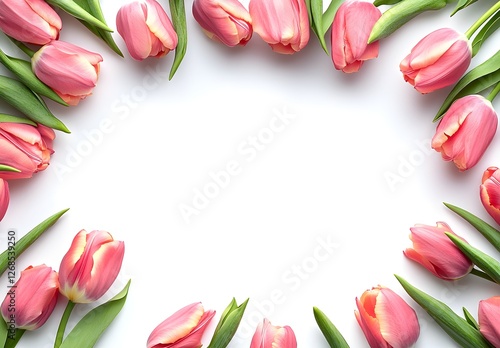 Wallpaper Mural Pink tulips border a white background with copy space for text, top view.  Spring flowers frame a banner for a Happy Mother's Day card design template Torontodigital.ca