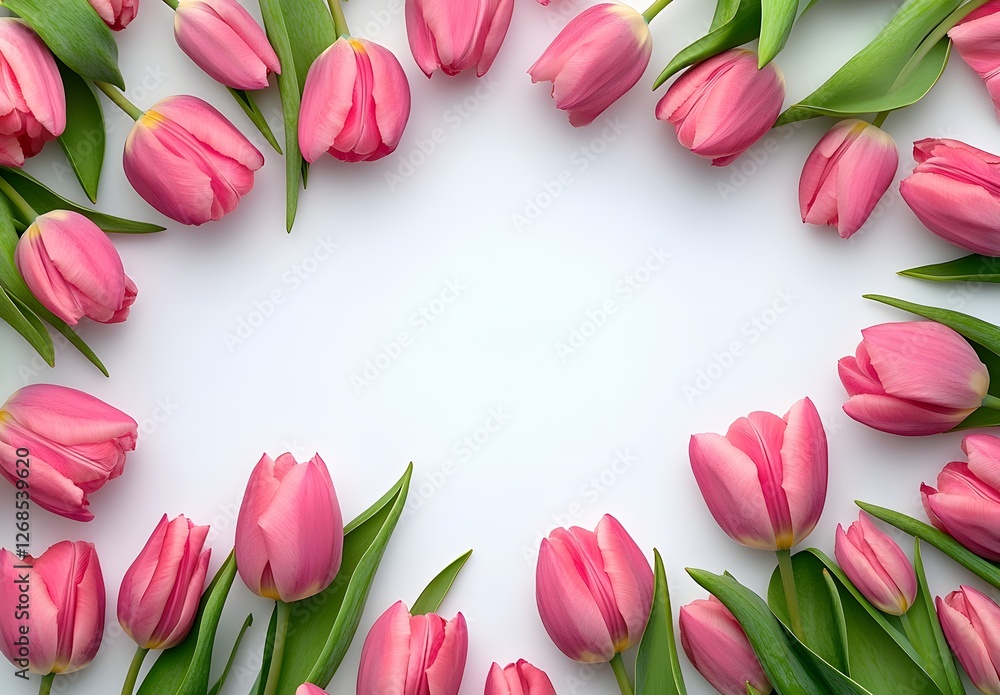 Pink tulips border a white background with copy space for text, top view. Spring flowers frame a banner for a Happy Mother's Day card design template Pink tulips border a white background with copy space for text, top view. Spring flowers frame a banner for a Happy Mother's Day card design template