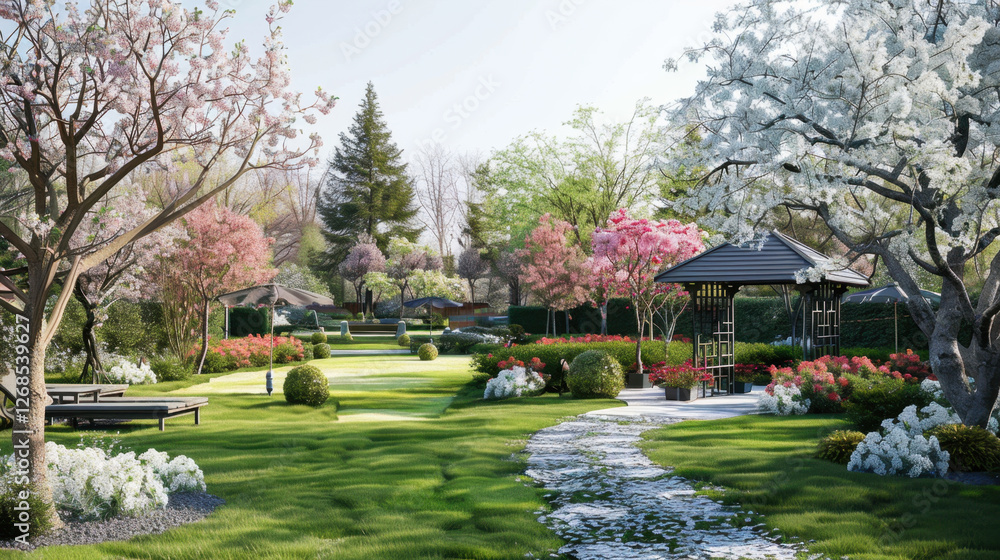 Fototapeta premium serene garden landscape featuring blooming cherry and white trees, lush green grass, and winding stone path leading to gazebo. vibrant flowers create peaceful atmosphere