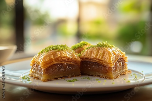 baklava, pastry, pistachio, pistachios, honey, syrup, bakery, sweet, dessert, layered, filo, dough, menu, menus, restaurant, photo, photographic, photorealistic, photography, dinner, background, wallp