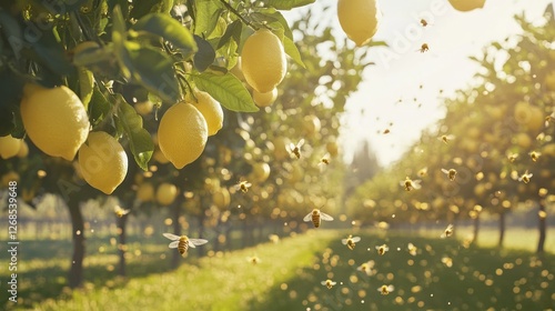 Golden Lemons Bees Buzzing Sunlight Orchard
