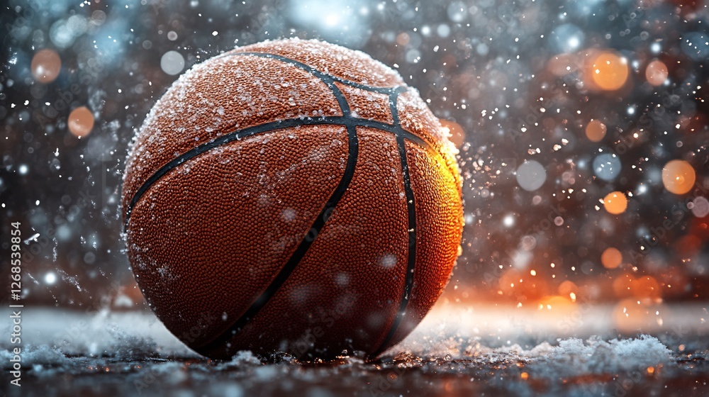 Captivating Frozen Moment of Basketball Levitating Amidst Snowy Background Captivating Frozen Moment of Basketball Levitating Amidst Snowy Background