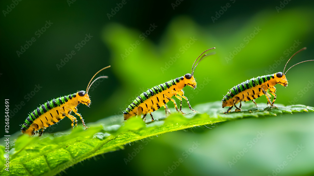 Three Striped Insects Crawling on a Green Leaf Three Striped Insects Crawling on a Green Leaf