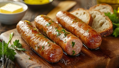 Sausages with butter and fresh bread on the table. A realistic photo of delicious sausages, fried in oil for breakfast or evening meal at home or restaurant