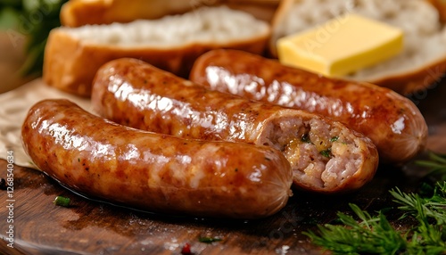 Sausages with butter and fresh bread on the table