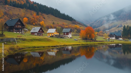 Autumnal Village Houses Reflected In Calm Lake Water