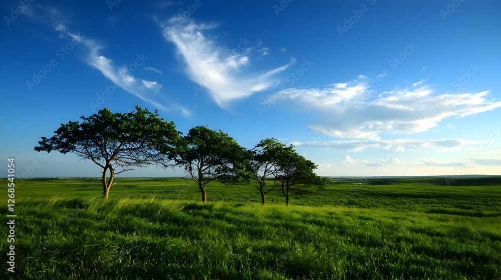 Three Trees on a Lush Green Field Under a Bright Blue Sky Three Trees on a Lush Green Field Under a Bright Blue Sky