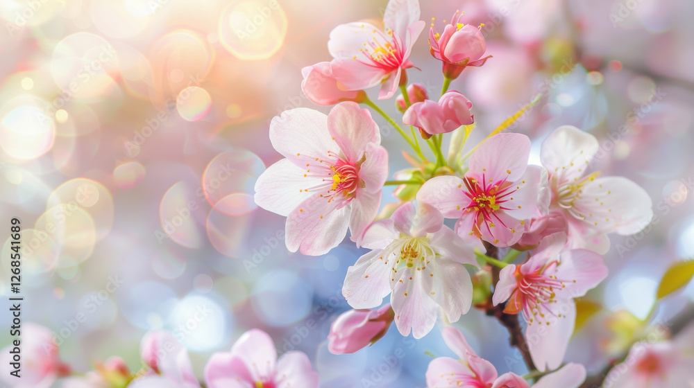 Beautiful cherry blossoms in soft pink hues, surrounded by dreamy bokeh background, evoke sense of tranquility and renewal Beautiful cherry blossoms in soft pink hues, surrounded by dreamy bokeh background, evoke sense of tranquility and renewal