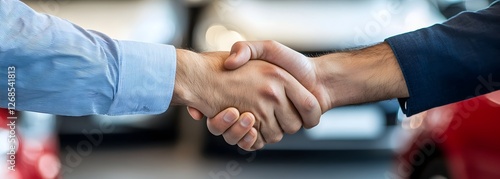 A customer shaking hands with a sales person in the car showroom, creating a business transaction aimed at providing peace of mind to the new owner during and after they buy their first