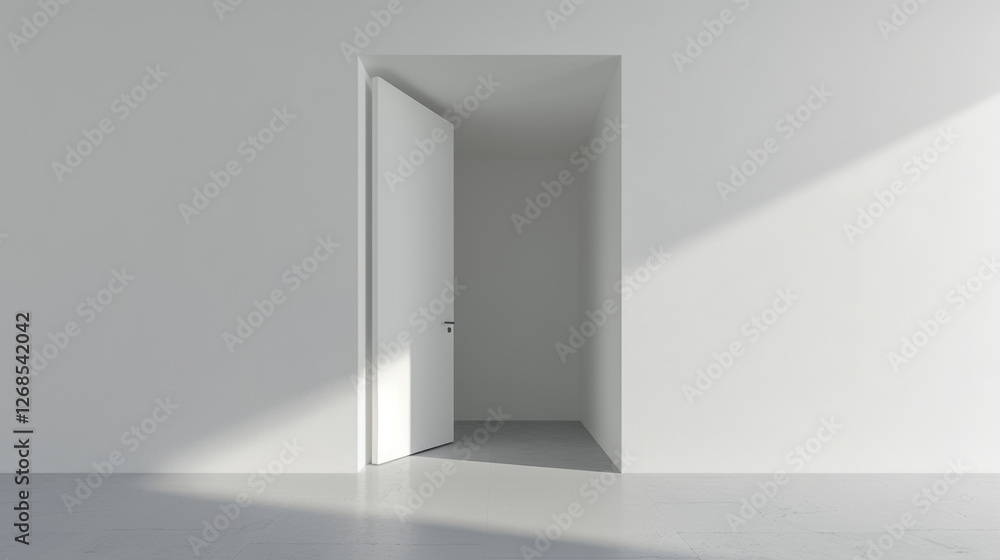 minimalist interior featuring open white door leading to blank space, creating sense of openness and potential. soft light enhances serene atmosphere minimalist interior featuring open white door leading to blank space, creating sense of openness and potential. soft light enhances serene atmosphere