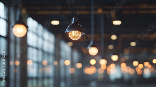 Photo of modern industrial light shades hanging in a warehouse, with a blurred background