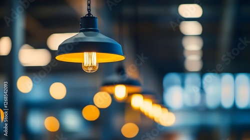 Abstract background with hanging lamps in an industrial warehouse, soft focus and bokeh effect