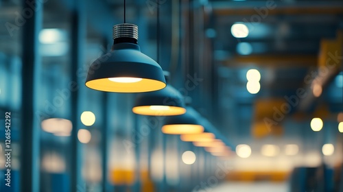 Abstract background with hanging lamps in an industrial warehouse, soft focus and bokeh effect