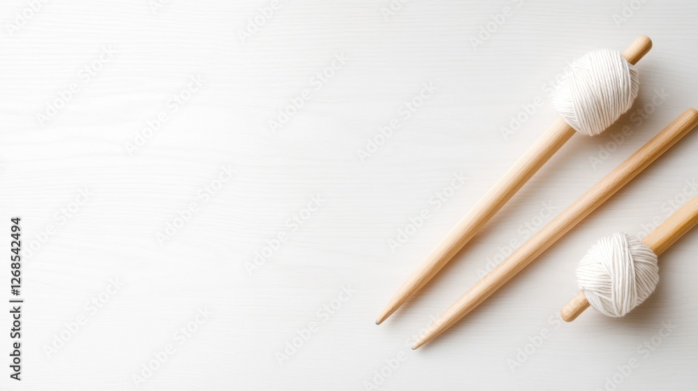 White yarn on wooden spindles on white table. Craft hobby background White yarn on wooden spindles on white table. Craft hobby background
