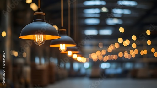 Photo of modern industrial light shades hanging in a warehouse, with a blurred background