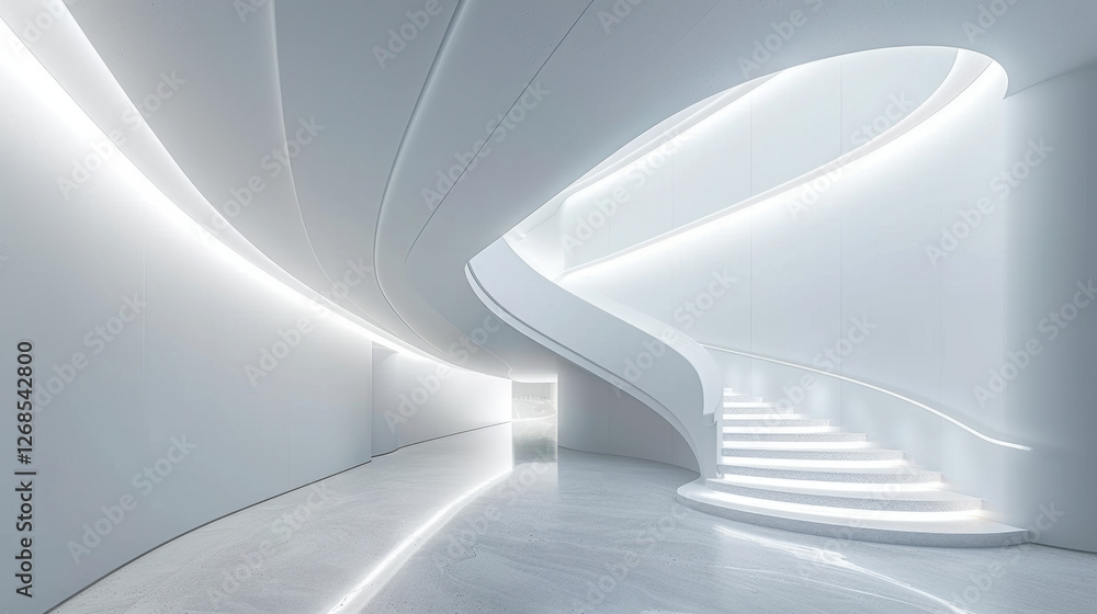 modern, minimalist interior featuring sleek, curved staircase illuminated by soft white light. space exudes sense of tranquility and elegance modern, minimalist interior featuring sleek, curved staircase illuminated by soft white light. space exudes sense of tranquility and elegance